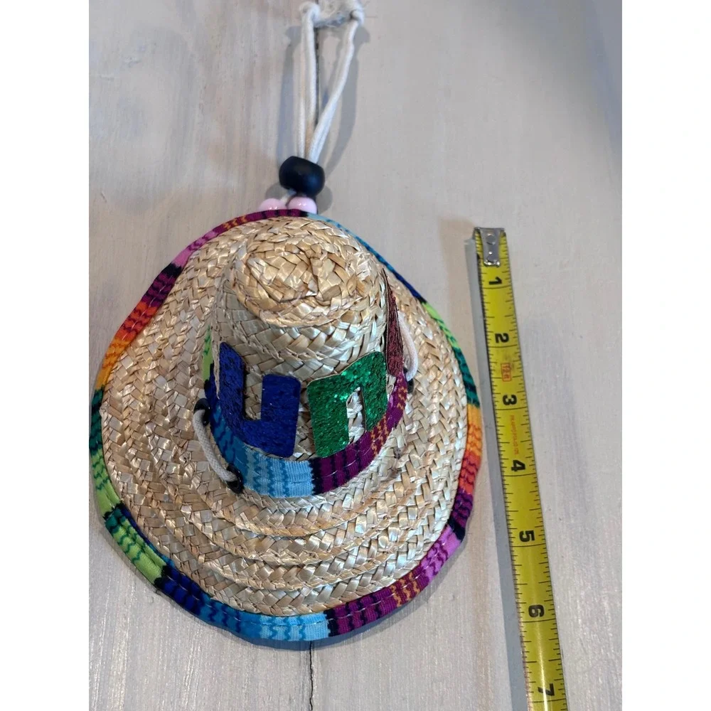 Mini Straw Sombrero Hat UNO Glitter Letters Serape Trim Party Pet Accessory‎ 6in